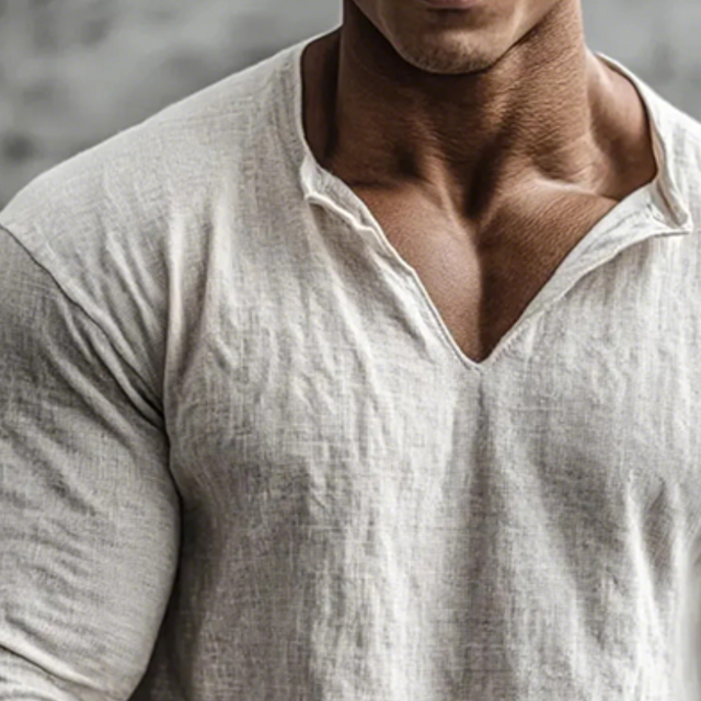 Men's Linen V-Neck Long-Sleeve Shirt