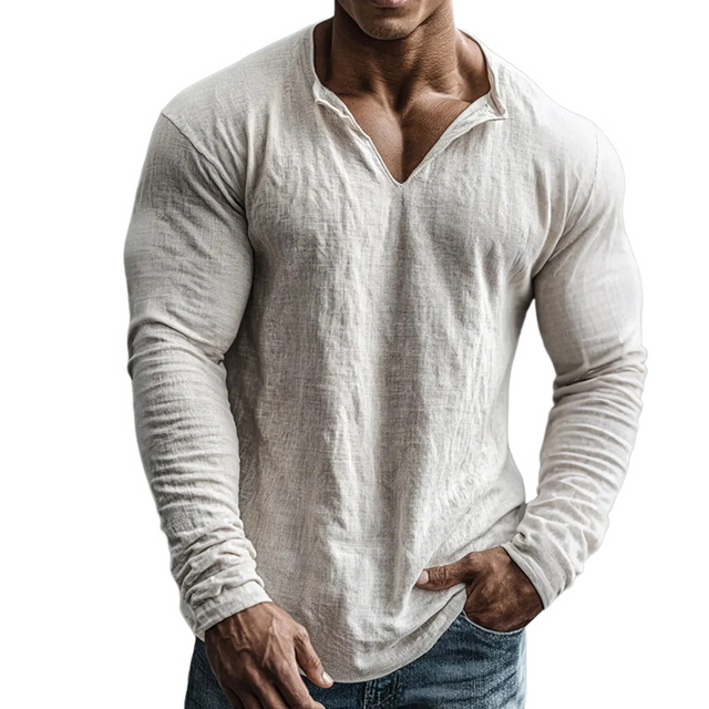 Men's Linen V-Neck Long-Sleeve Shirt